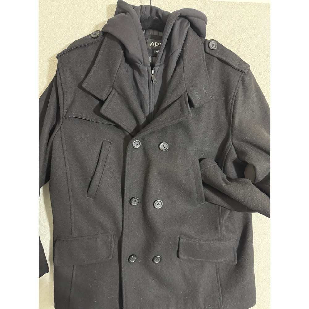 Men's wool blend Sz Large black convertible coat jacket hooded double breasted